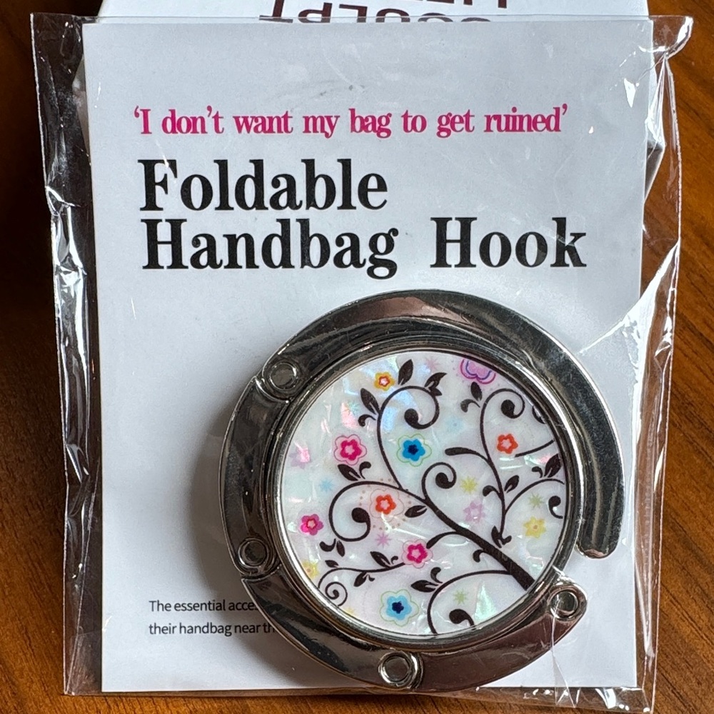 Foldable Handbag Hook with Floral Inlay